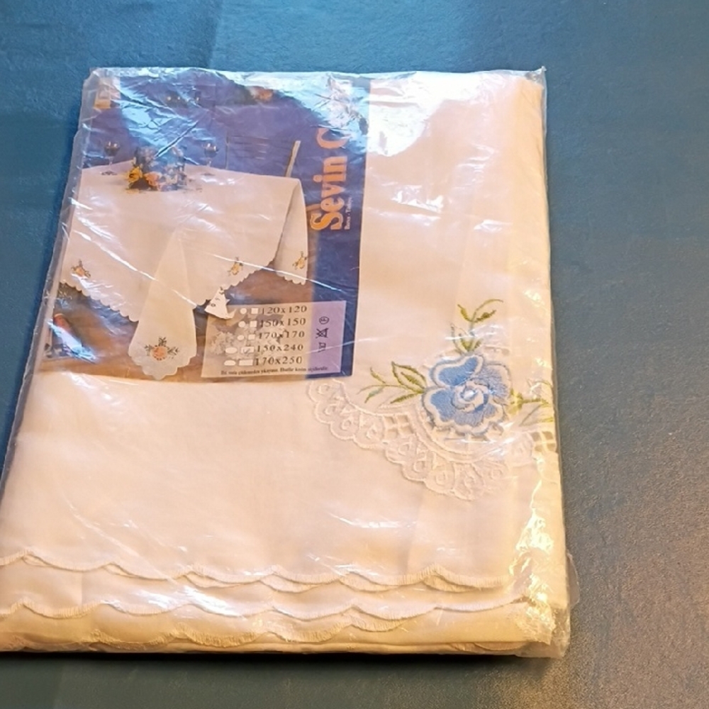 Elegant White and Blue Embroidered Tablecloth